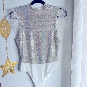 white bodysuit with brightly colored sequins